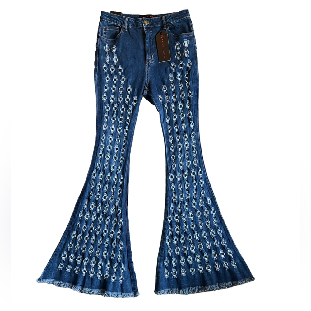 NWT Purple Candy Womens Juniors Large‎ Cutouts Fringe Flares Denim Jeans Sexy